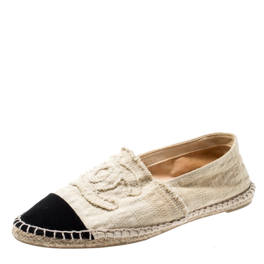 Chanel Beige And Black CC Canvas Cap Toe Espadrilles Size 38